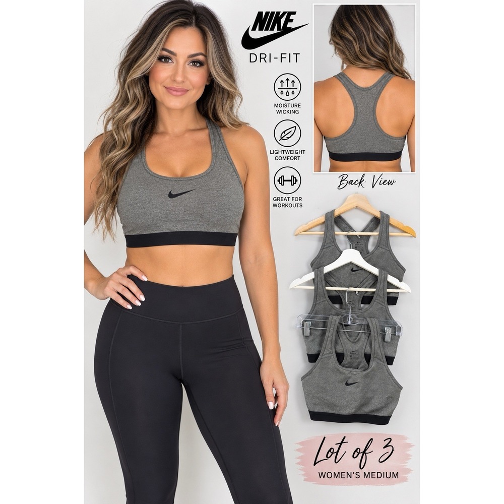Nike Dri-FIT Sports Bra Womens Medium Gray Black Racerback Swoosh Lot of 3